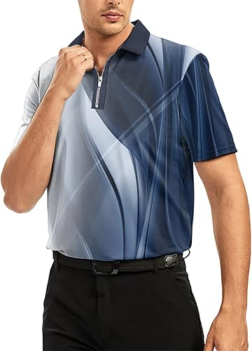 Miniatura 8 de Ecosunny Camisa polo de manga corta para hombre, con cremallera impresa en 3D, informal, ajustada, para golf