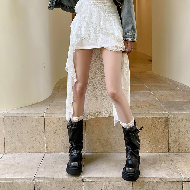 YIYA Women's Platform Fold Over Biker Mid Calf Boots Belt Buckle Square Toe Chunky Heel Zipper Short Motorcycle Ankle Combat Boots - Image 7