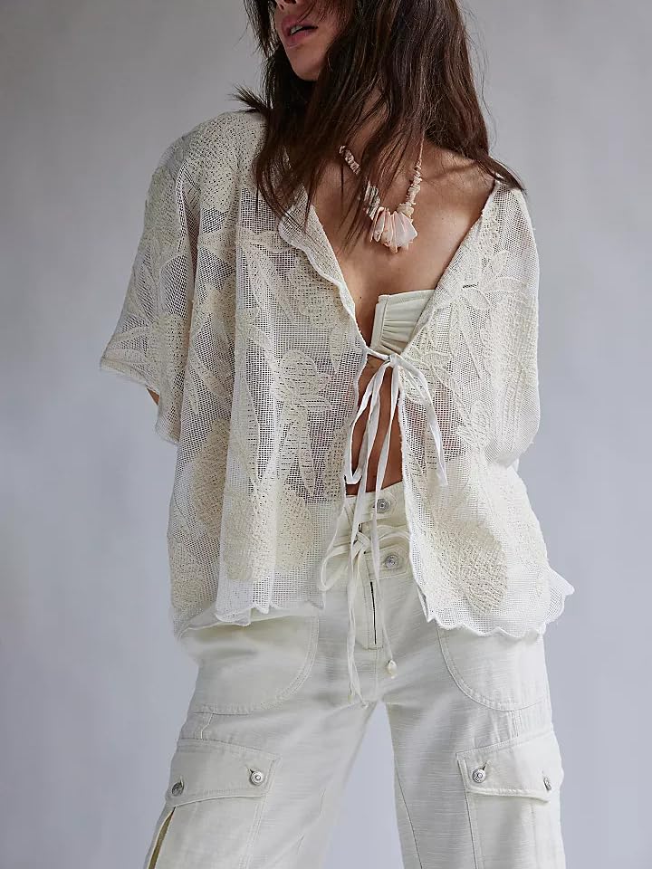 Y2k Front Tie Tank Top for Women Boho Sleeveless Ruffle Hem Crop Cami Tops Flowy Lace Trim Embroidered Babydoll Tops4