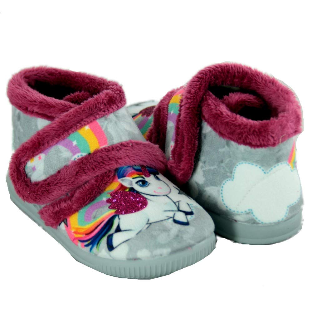Vulcabicha 1090 - Zapatillas de Estar Infantiles Cerradas con Adhesivo Textil Grises con Dibujo de Unicornio y Purpurina