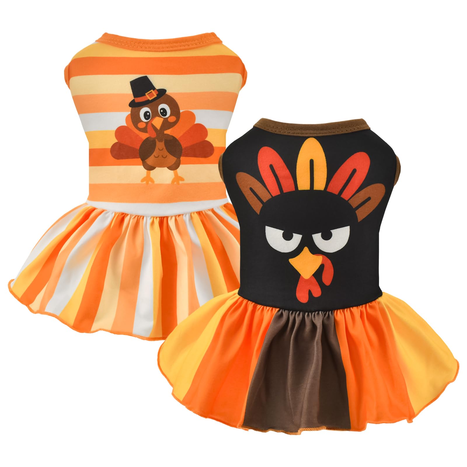 Vehomy 2-Pack Thanksgiving Dog Cat Dress - Turkey & Stripe Dog Dresses, Puppy Skirt - Small & Medium Sizes