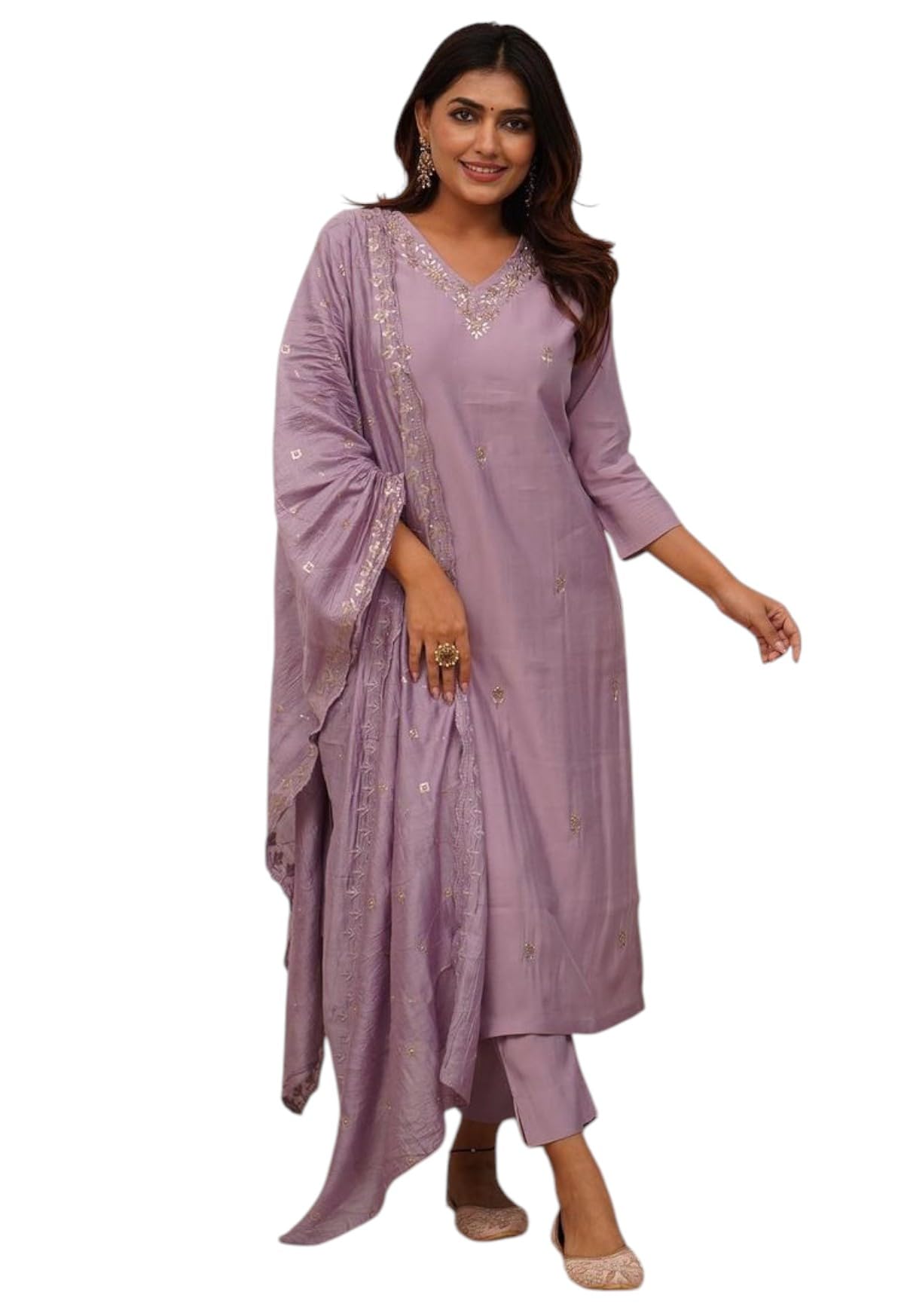 purvidha Women's Viscose Chanderi Embroidered Straight Kurta Set with 3/4th Sleeves, Round Neck, Matching Pant & Pure Organza Dupatta with Work Elegant Ethnic Wear | Cotton Kurti Sets with Dupatta-picture-40