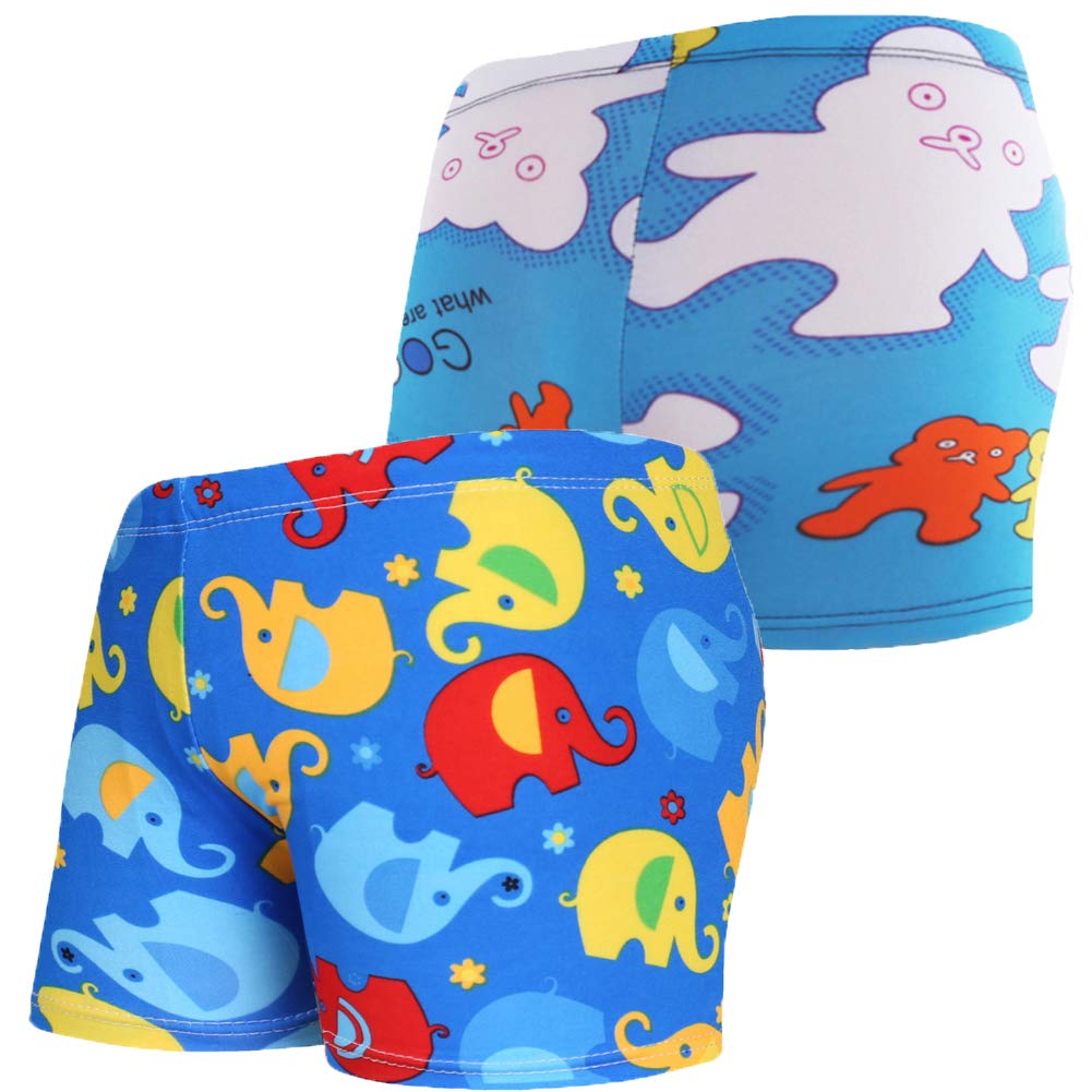 Monvecle Little Boys 2 Pack Swim Trunks Cartoon Beach Children Boxers Rashgurad Swimsuit Shorts UPF 50+ Elephant/Bear 5-7y