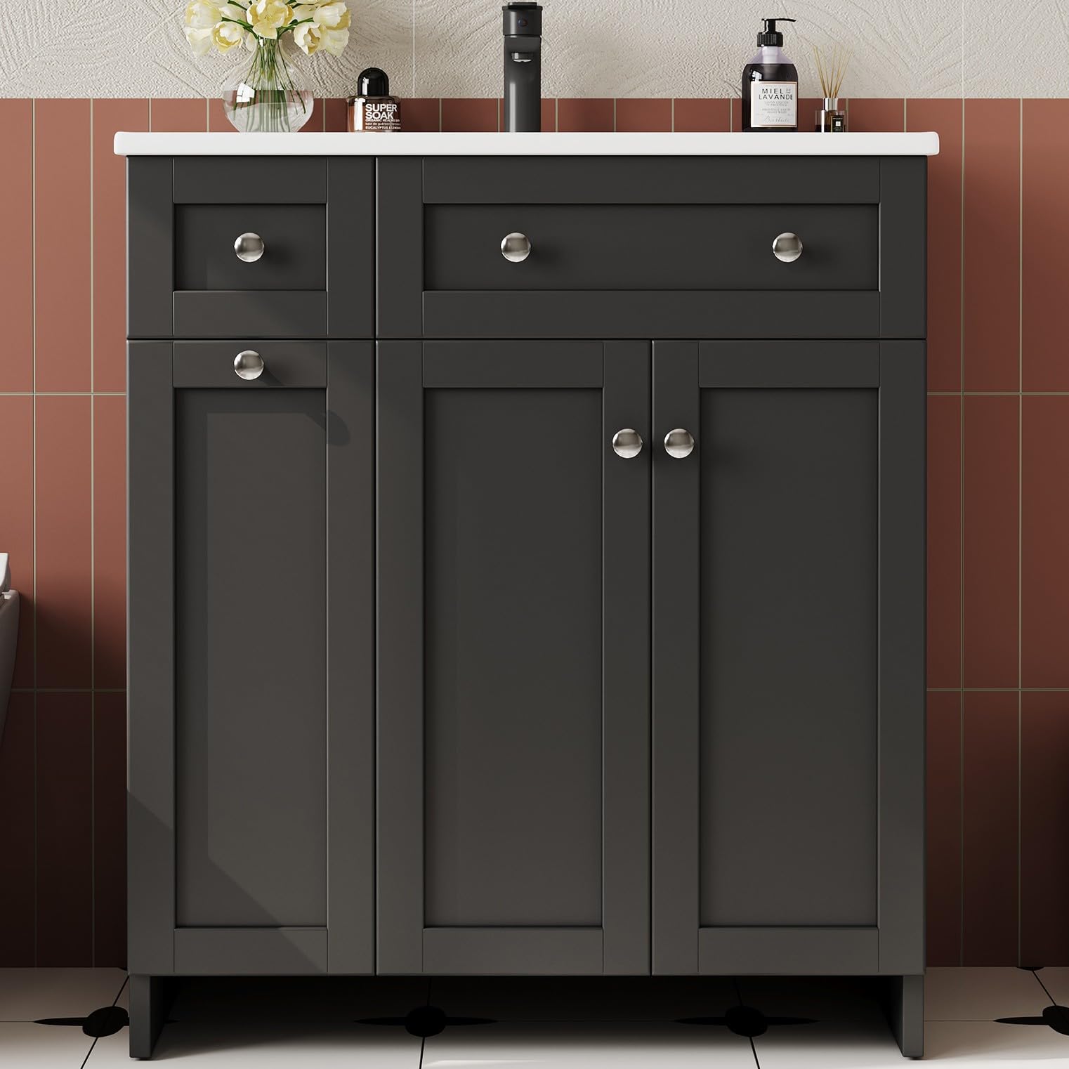 Mueble de baño de diseño lacado con lavabo cerámico y acabados de alta gama