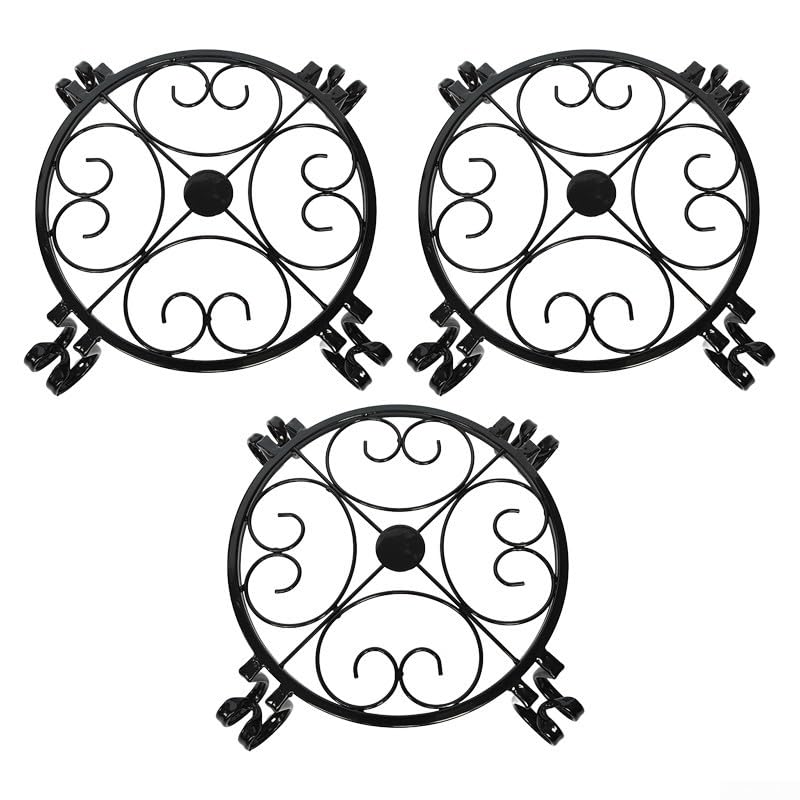 Piso de estilo europeo de pie de hierro bastidores de plantas en conjunto de 3 con patas de metal suaves dobles y diseño floral para macetas pesadas (B)