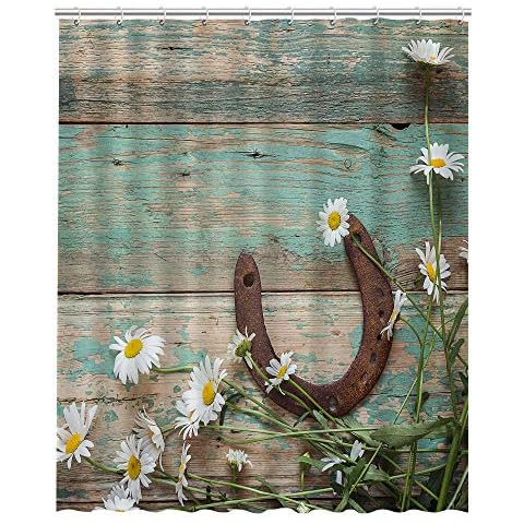 GCKG Rusty Horseshoe and Daisies on Rustic Old Barn Wood House Decor Waterproof Bathroom Shower Curtain 60x72 inch Cover