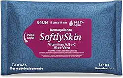64Un Lenço Umedecido Demaquilante Softly Skin - Com Vitaminas - Suave, Eficaz e Ideal para Remoção de Maquiagem e Cuidados com a Pele