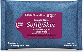 64Un Lenço Umedecido Demaquilante Softly Skin - Com Vitaminas - Suave, Eficaz e Ideal para Remoção de Maquiagem e Cuidados com a Pele