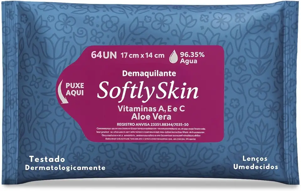 64Un Lenço Umedecido Demaquilante Softly Skin - Com Vitaminas - Suave, Eficaz e Ideal para Remoção de Maquiagem e Cuidados com a Pele