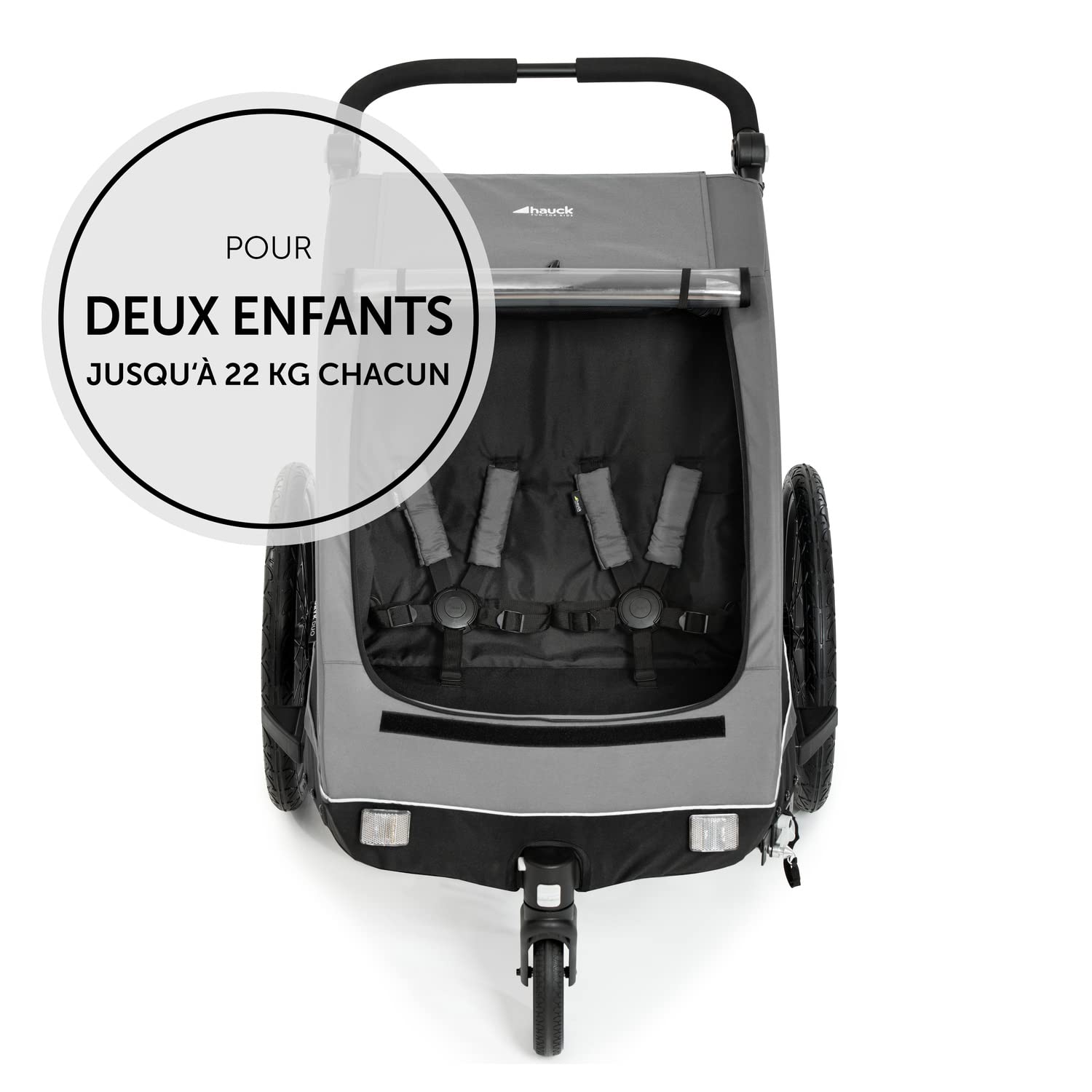 hauck Dryk Duo 2 Children's Bicycle Trailer with Tow Bar, Front Wheel and Pennant, Foldable, XL Storage, Easy to Attach, Use as Double Stroller – Grey