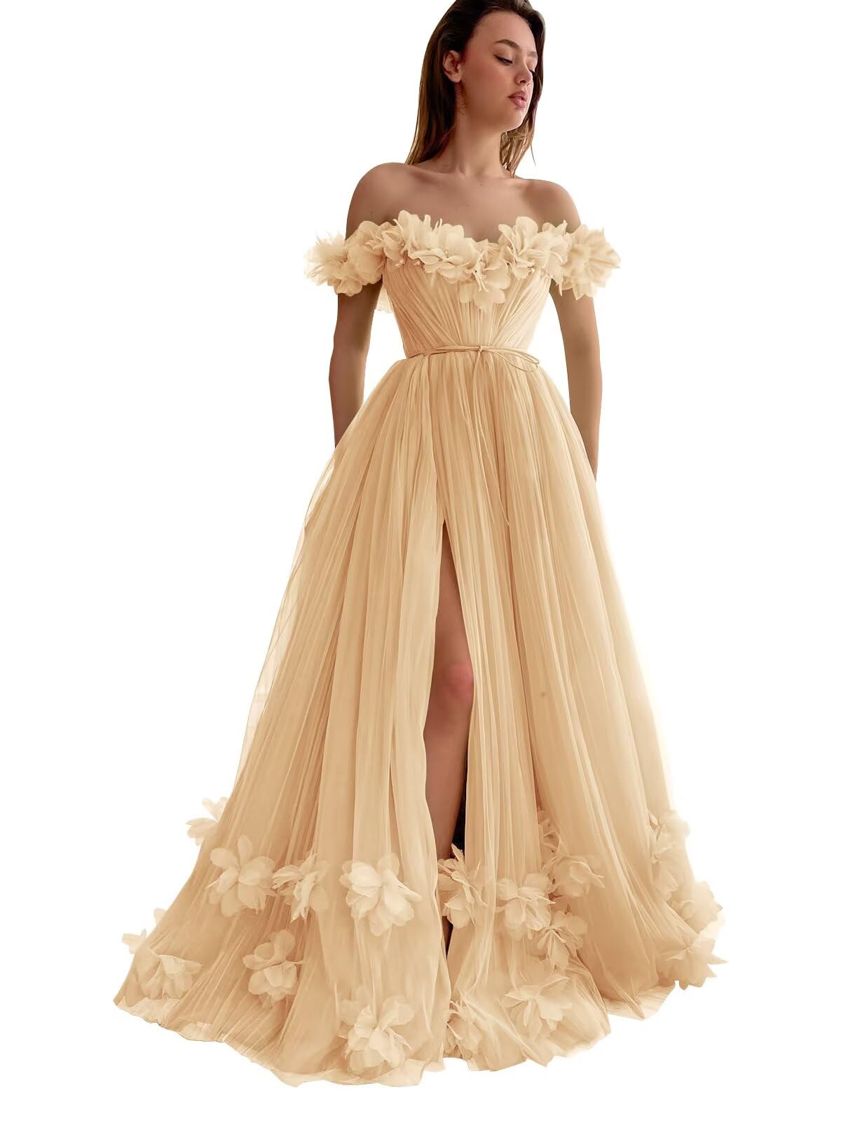 kilusoft Off The Shoulder Fairy 3D Flower Tulle Prom Dress for Teens Long A Line Princess Evening Party Gowns