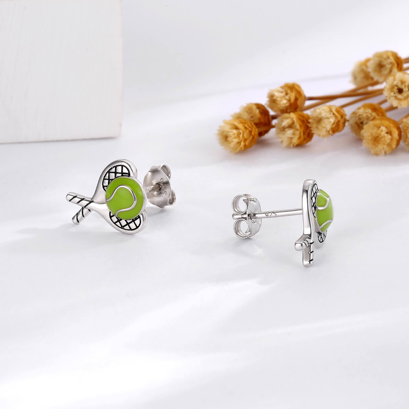 S925 - Orecchini a sfera da tennis in argento Sterling con sfera ipoallergenica per giocatori, gioielli sportivi, regalo per donne e ragazze