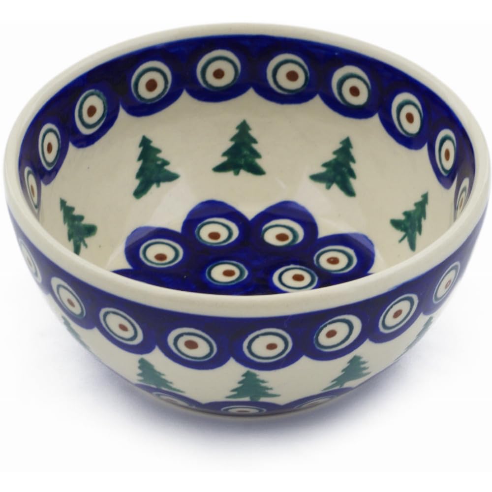 Authentic Polish Pottery Bowl 5-inch in Peacock Pines Design Handmade in Boles?awiec Poland by Ceramika Bona + Certificate of Authenticity