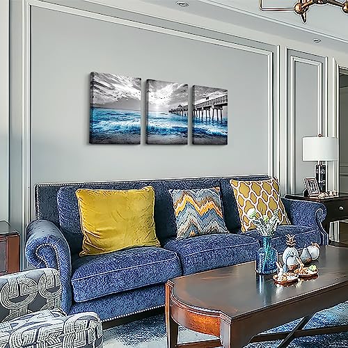Wall Decorations For Living Room 3 Piece Framed Canvas Wall Art For Bedroom Office Wall Decor Black And White Wall Paintings Blue Ocean Sea Wave Pictures Artwork For Modern Posters Prints Home Decor