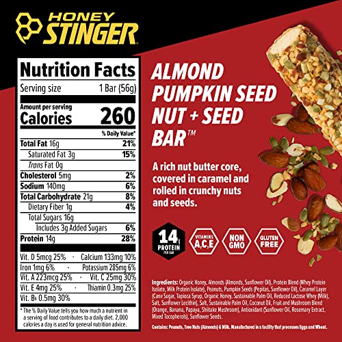 Honey Stinger Nut + Seed Bar | Almond Pumpkin Seed | Protein Packed Food For Exercise, Endurance, Performance And Recovery | Sports Nutrition Snack Bar For Home & Gym, Post Workout | Box Of 12 #TOP2