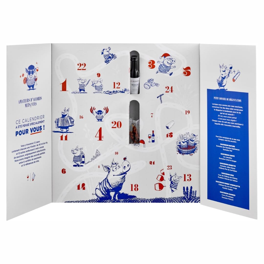 Calendario de Adviento 2025 Vinos & Embutidos, «Les Bons Vivants», 12 botellitas x 40 ml, 24 bocados de salchichón, Cata de Vinos, Idea de Regalo para hombre/mujer