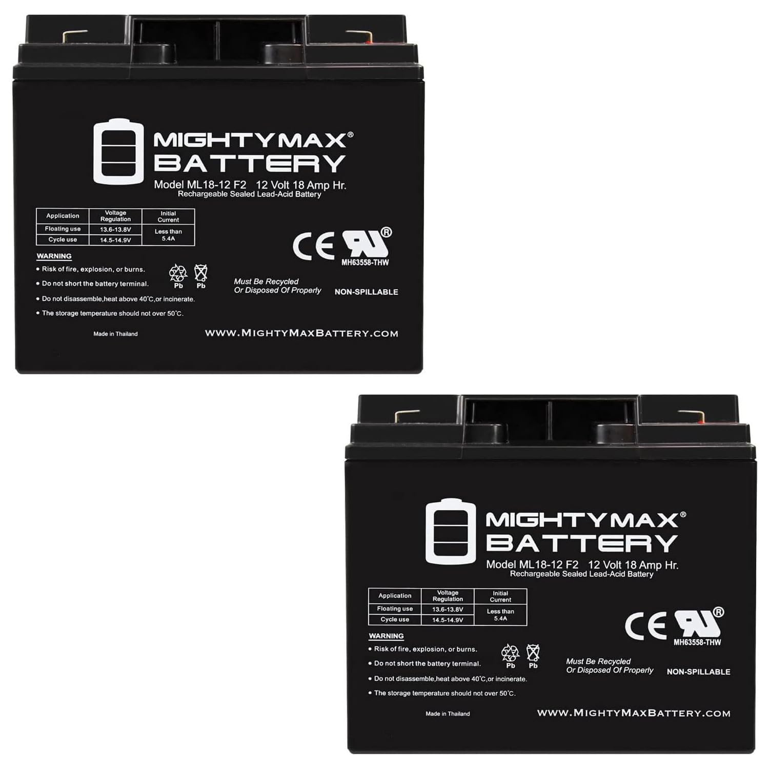 Mighty Max Battery Ml18-12 - 12 Volt 18AH F2 SLA Battery - Pack 2
