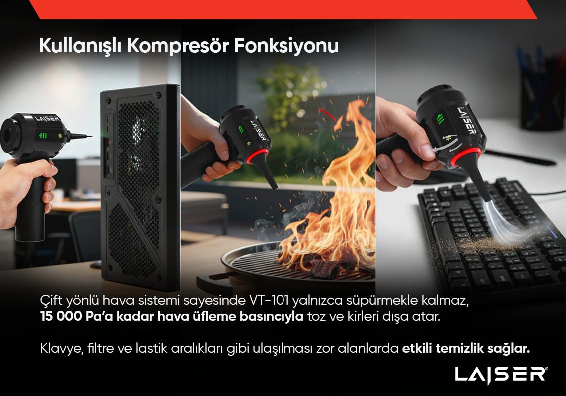 Laiser Mini, Katlanabilir LED Ekranlı 17.000 PA 3 in 1 Çekme-Vakum-Üfleme Özellikli Şarjlı Araç Süpürgesi