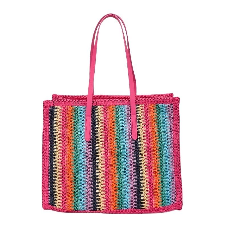 Women Striped Woven Tote Rainbow Straw Shoulder Bag Large Capacity Straw Woven Outdoor Travel Bag