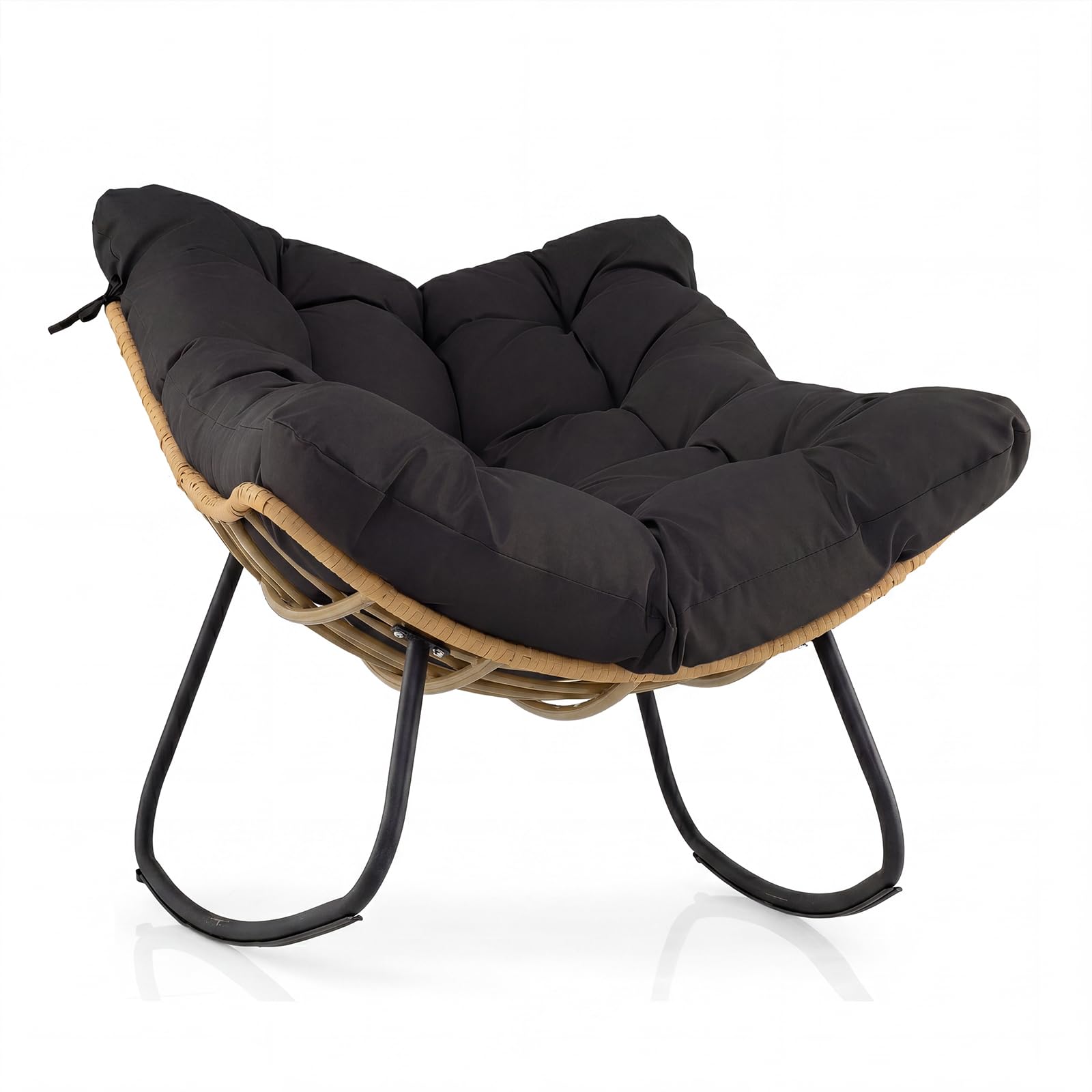 COSTWAY Outdoor Rocking Chair, Oversized Patio Wicker Egg Chair with Thick and Removable Cushion, Rattan Comfy Rocking Lounge Chairs for Living Room, Balcony & Yard (Black, 110 x 88 x 92 cm)
