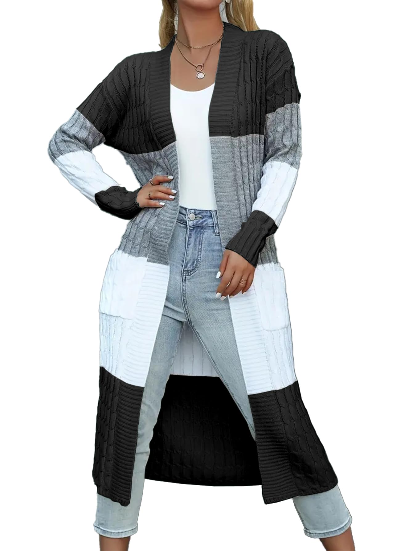Womens Color Block Cardigan Sweater Long Duster Open Front Sweater in Chunky Cable Knit Plus Size Cardigan