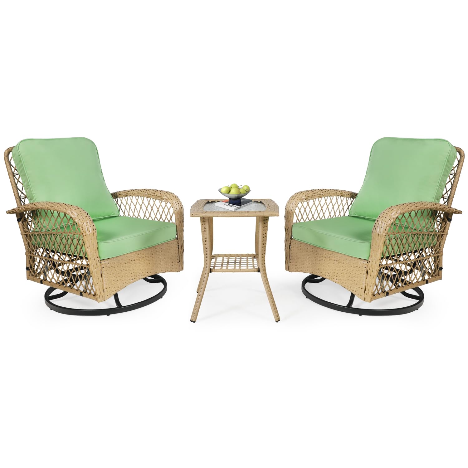 3 Pieces Outdoor Swivel Glider Rocker, Rattan Woven Patio Furniture Set, Wicker Patio Bistro Set with Washable Cushions and Glass Table for Garden, Porch, Backyard