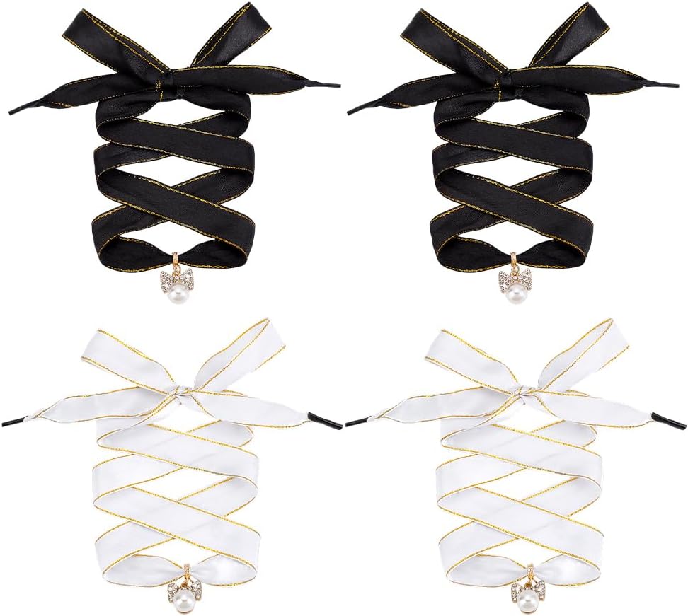 Product image of PH PandaHall 4pcs Lace Shoelaces Satin Ribbon Shoe Laces with Rhinestones Bowknot Pearl Charms, 44 inch Black and White Silk Ribbon Flat Shoe Laces Replacement Shoes Charms for Women Sneakers