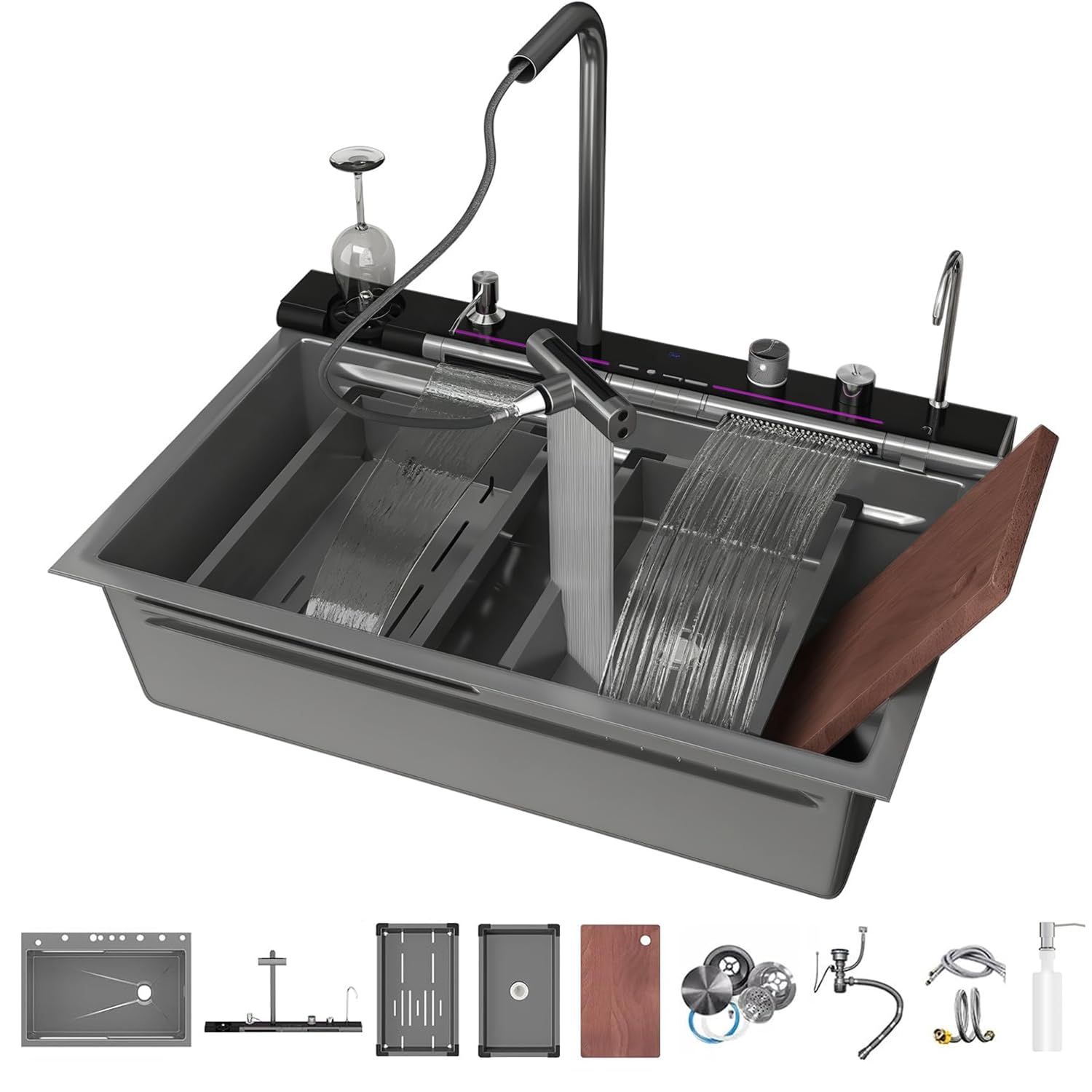 Photo 1 of Kitchen Sink Undermount 33 x 22 inch, 304 Stainless Steel with Digital Display Waterfall Faucet,Workstation Deep Single Bowl Smart Sinks Kitchen