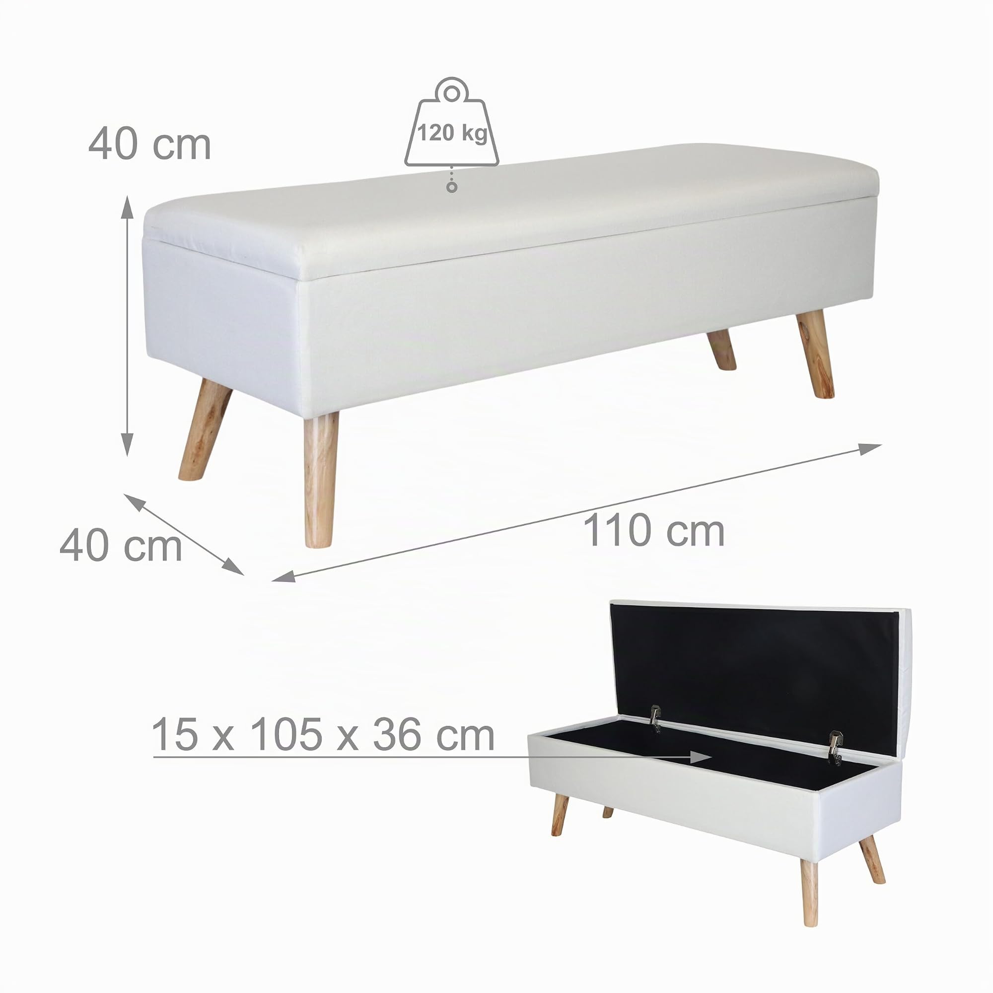 Banco Relaxdays de Lino, con Almacenamiento, 40 x 110 x 40 cm, Patas de Madera, Banco tapizado para Dormitorio, Blanco