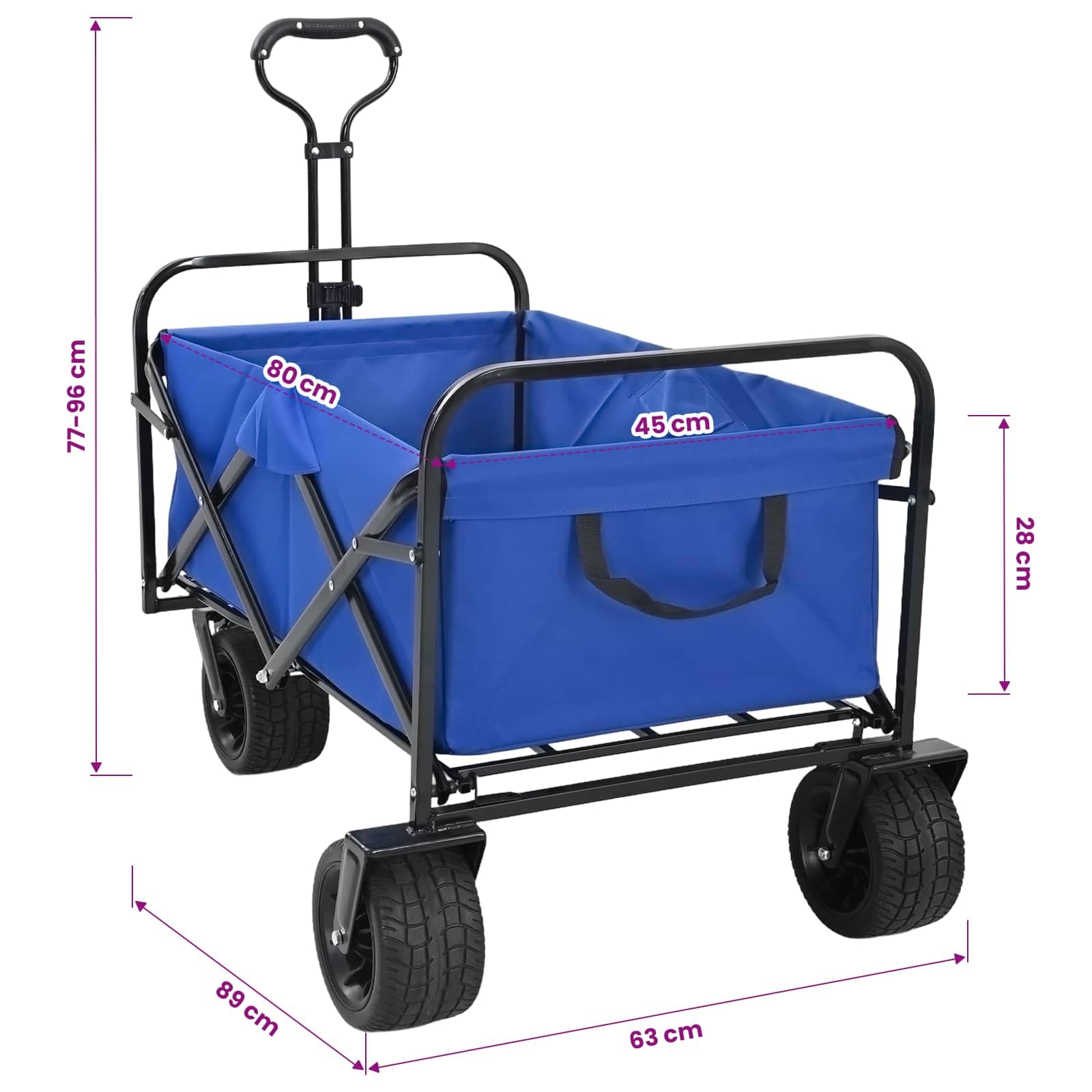 Faltbarer Transportwagen Blau 89x63x96 cm aus Stahl und Polyester Oxford mit 360° schwenkbaren Rädern, verstellbarem Lenker, wasserabweisendem Stoff, ideal für Umzüge, Garten