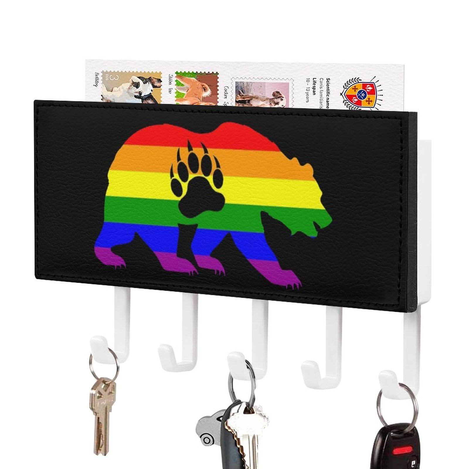 NCLQVJXZKHW Gay Bear Prides LGBT Flag Bear Paw Key Holder with 5 Hooks Key Hooks Wall Mounted Key Racks Key Hanger Organiser Shelf