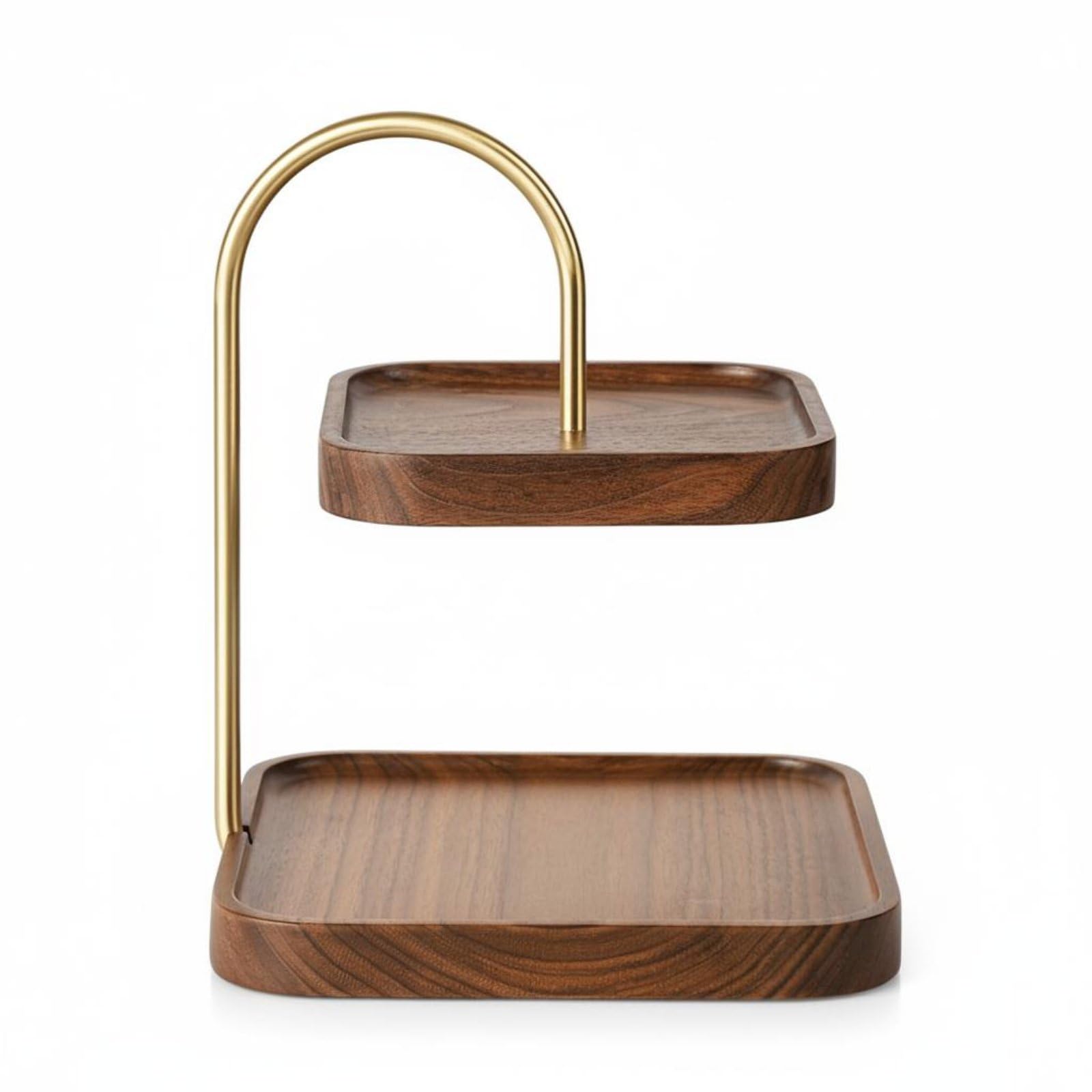 Amagogo Vassoio a Due Livelli Vassoio da Portata Alzata Dessert Stand Centrotavola in Legno Massello con Accenti in Ottone per Organizzare Gioielli Chiavi E, Faggio Tondo
