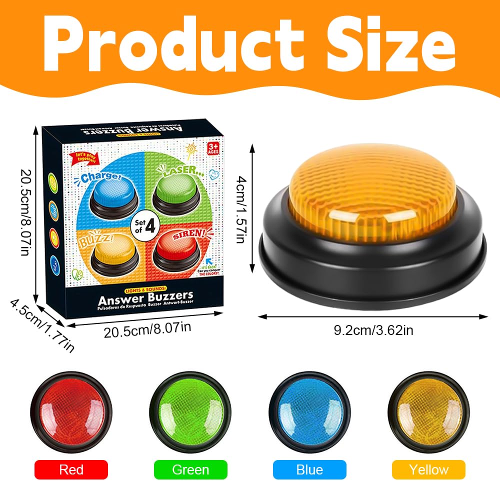 Jonuin Set de 4 Buzzer Blind Test, Buzzers Sonores et Lumineux pour Quiz Famille & Classe, Buzzer de Réponse avec 4 Sons Préenregistrés, Jouet