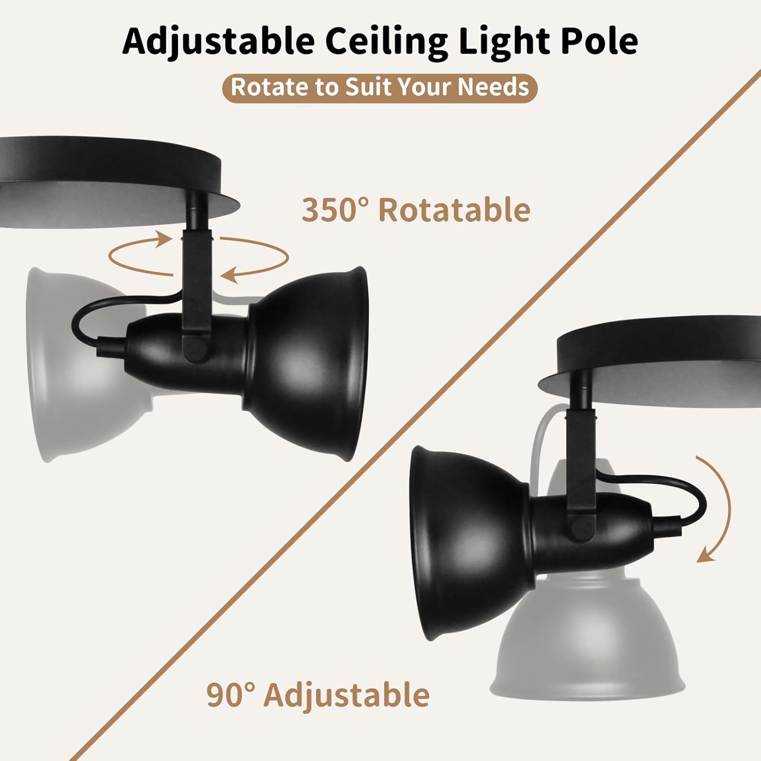 LTBLIGHT 3-Light Ceiling Light Fixture, Rotatable Spot Light Kit, Industrial Black Track Lighing with Round Plate Spotlights for Kitchen, Living Room, Hallway, E26 Base, Bulbs Not Included