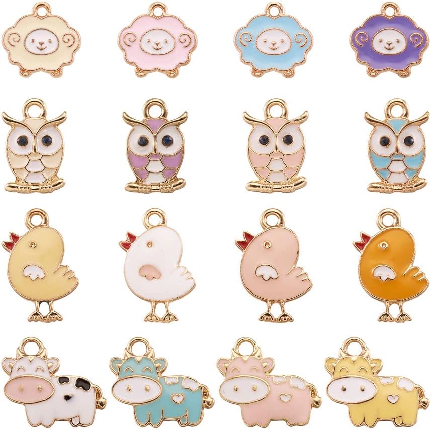 Beadthoven 32pcs Owl Sheep Cow Chicken Enamel Charm Pendants Mixed Color Small Metal Cute Animal Charms Dangle Beads for DIY Necklace Earring Bracelet Jewelry Making Supplies