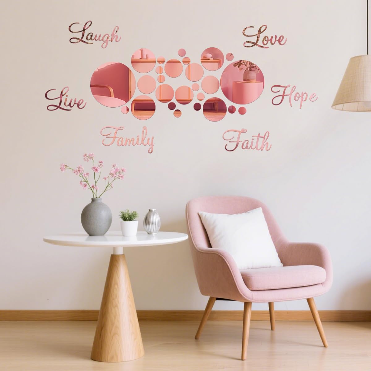 Acrylic Mirror DIY Wall Stickers for Living Room, 6 Word Faith Live Laugh Hope Love Family Mirrors and 26Pcs Round Miiror for Home Bedroom Office, Circle Mirror Tiles Wall Decor (Rose Gold) image 5