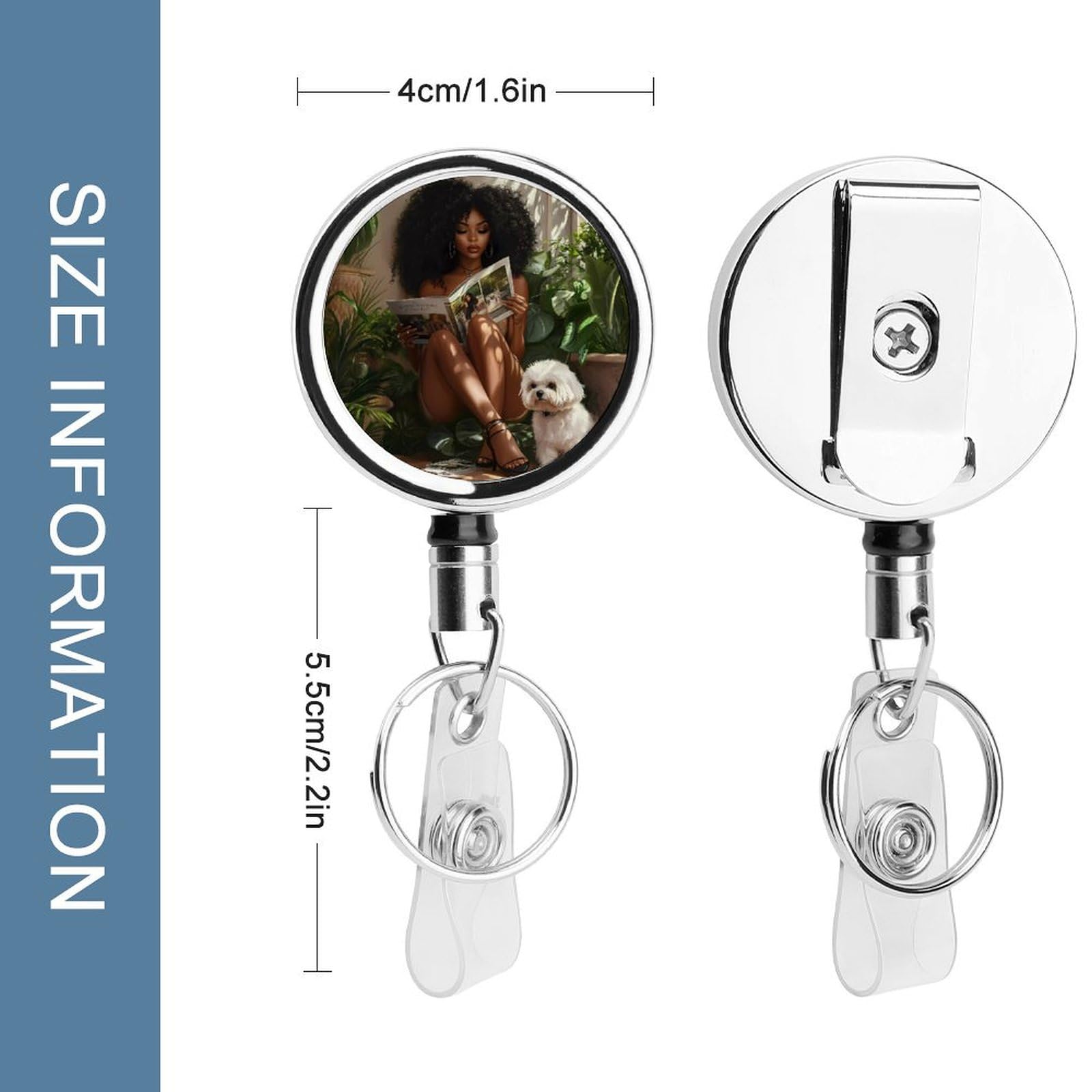 African American Black Woman Retractable Badge Holder Metal ID Name Holder Key Ring with Belt Clip