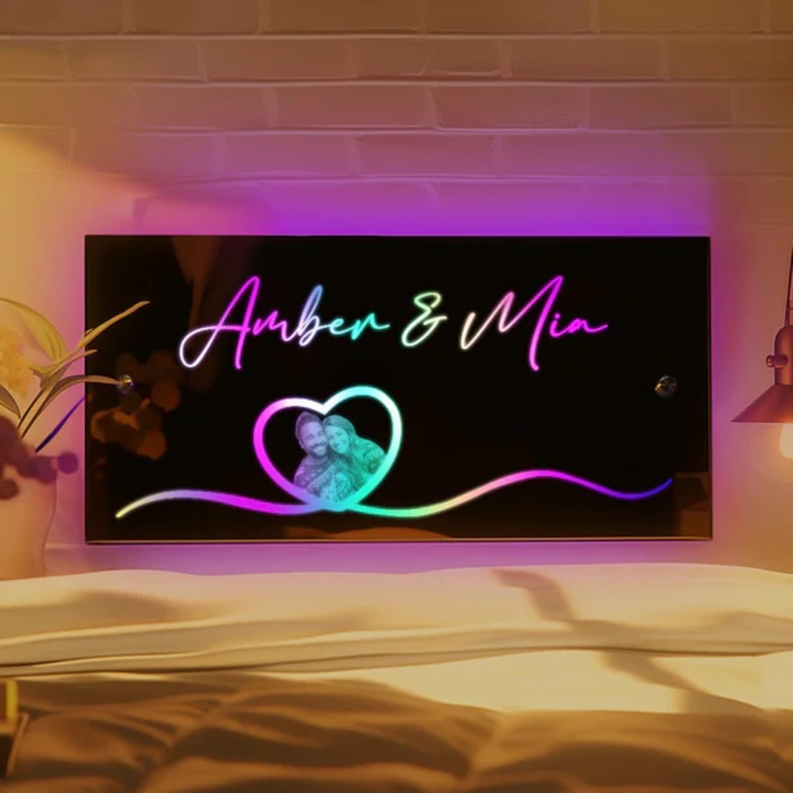 Miroir Lumineux à DEL Personnalisé Avec Lettre Photo De Nom, Lampe LED