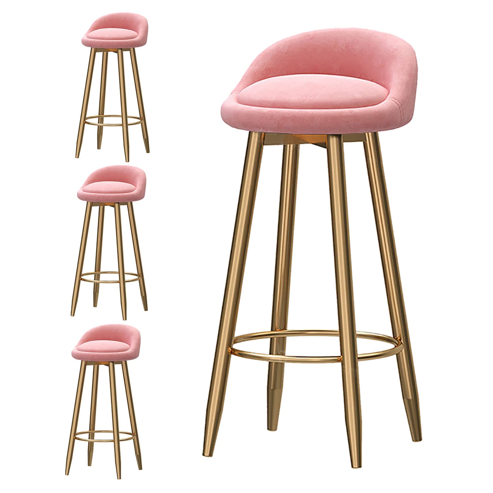 AYCDL Bar Stools Set of 4 Velvet Upholstered Kitchen Barstools Counter Stools Modern Low Back Breakfast Height Stools with Footrest Seat Height 65cm,Pink-75cm