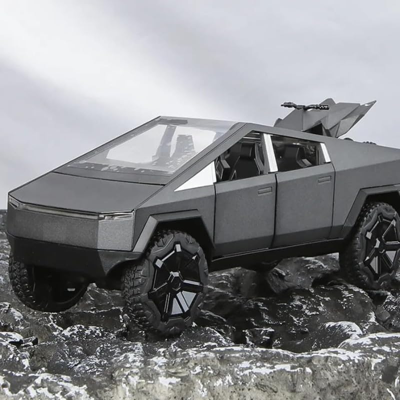 Image of New 1:24 CyberTruck Diecast Alloy Metal Pull Back Car with Openable Doors Music Sound and Light Vehicle Toy Car for Kids Boys (Black)