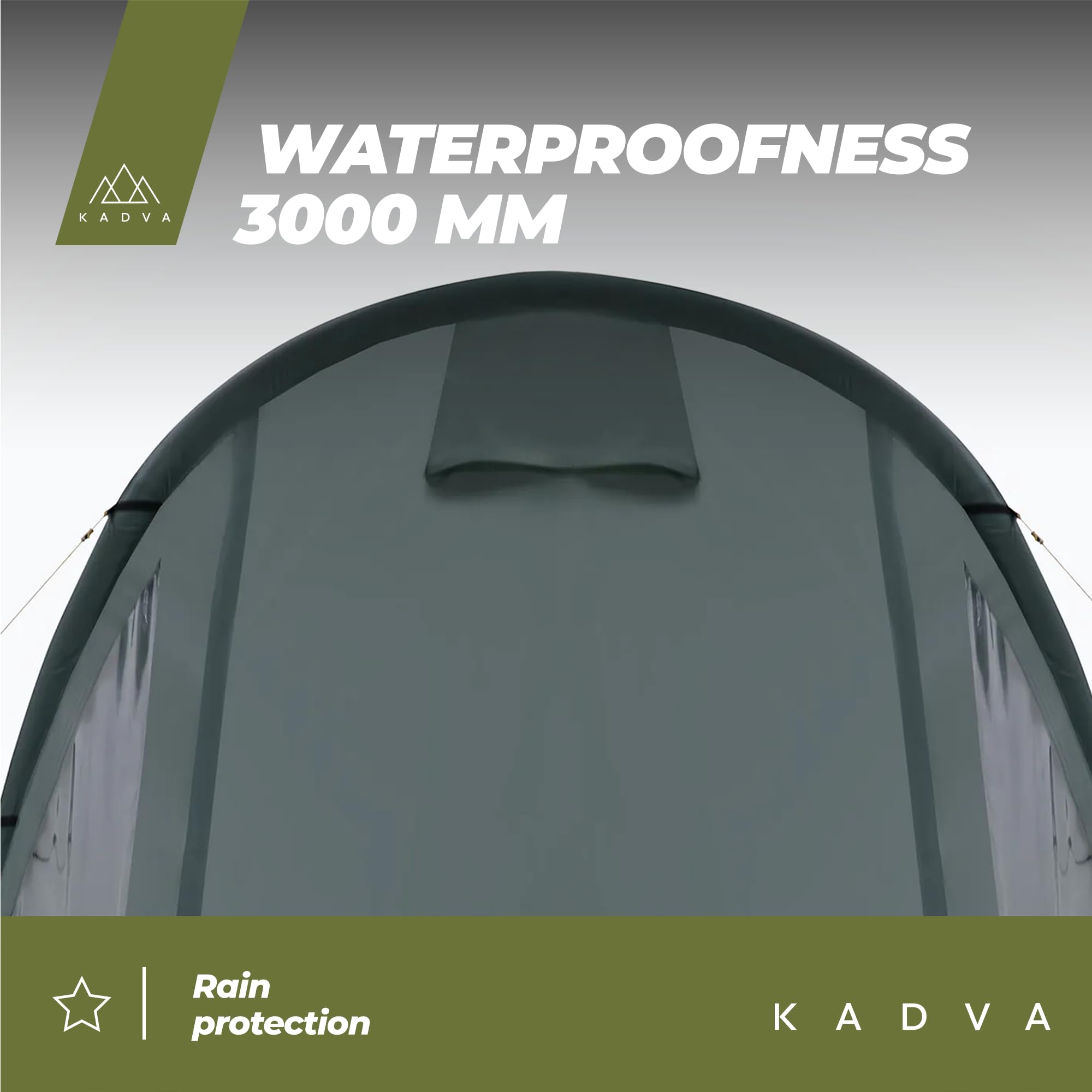 KADVA Namiot Kempingowy AIRcamp 4. 4 Osobowy z Pompką Konstrukcja Tunelowa 440 x 180 x 140 cm Wodoodporność 3000 mm Przestronność Daszek nad Wejściem Duża Powierzchnia Spania Kolor Zielony