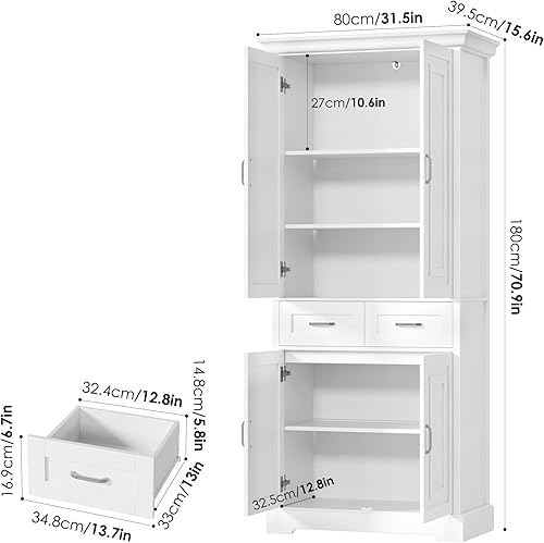 Miniatura 3 de Armario de almacenamiento de despensa de cocina, armario de almacenamiento de 71 pulgadas de alto con 4 puertas y 2 cajones, despensa de cocina