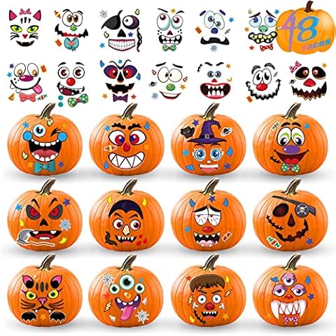 Halloween Pumpkin Decorating Stickers Kit, Make 48 Different Faces Jack-O-Lantern Pumpkin Decorations DIY Craft Stickers Kids Gifts, Halloween Toddler Activities Treats Game Party Favors Cover