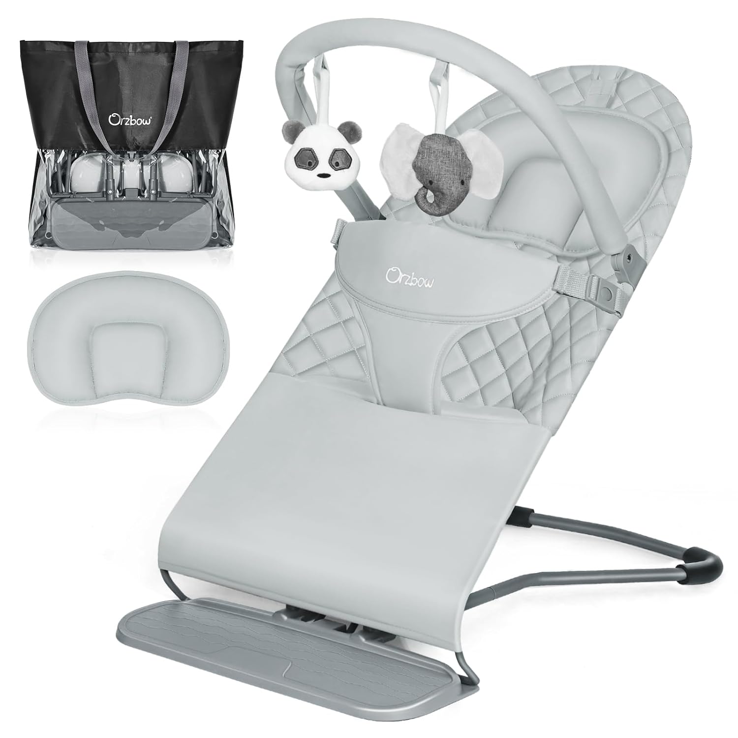 orzbow portable baby bouncer, foldable baby bouncer seat with storage bag and removable play bar, 3 recline positions, 0-12 months up to 20lbs, ergonomic design with comfortable headrest, gray