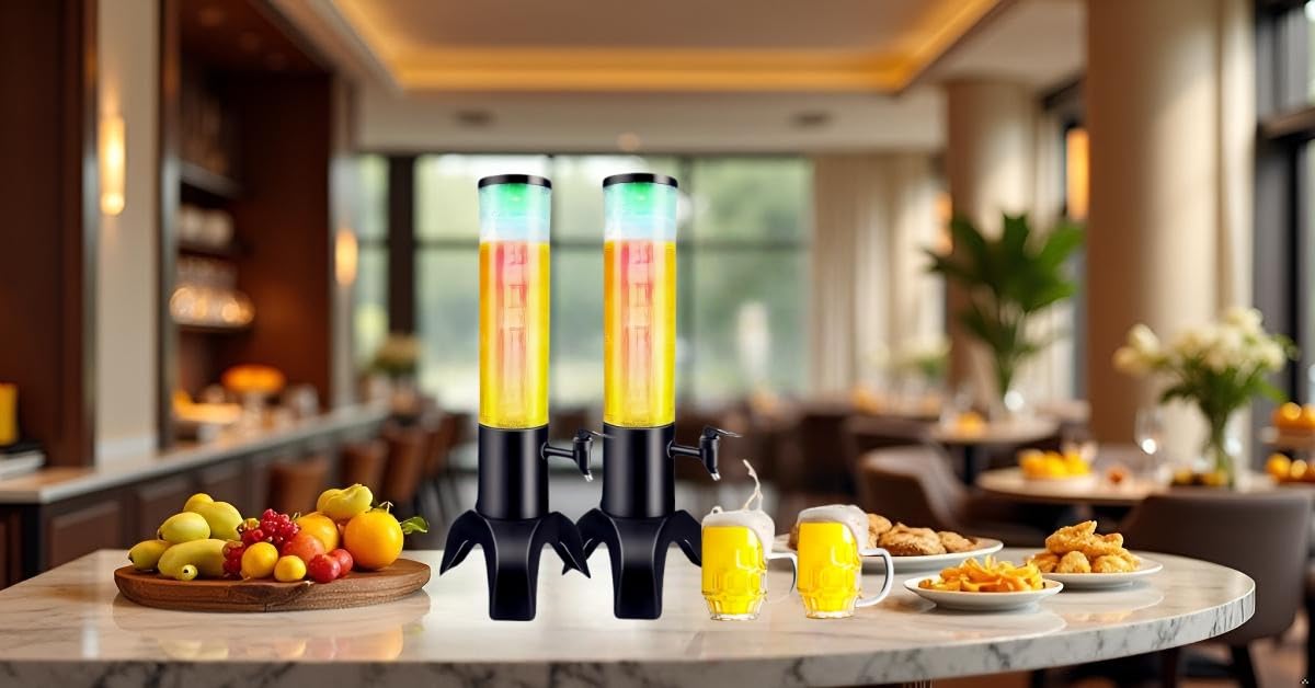 Torre de bebidas: dispensador de torre de mimosa de 1.5 L con tubo de hielo y luz LED, dispensador de cerveza de mesa de 50 onzas/1.58 cuartos de galón para fiestas, bares, pubs, restaurantes