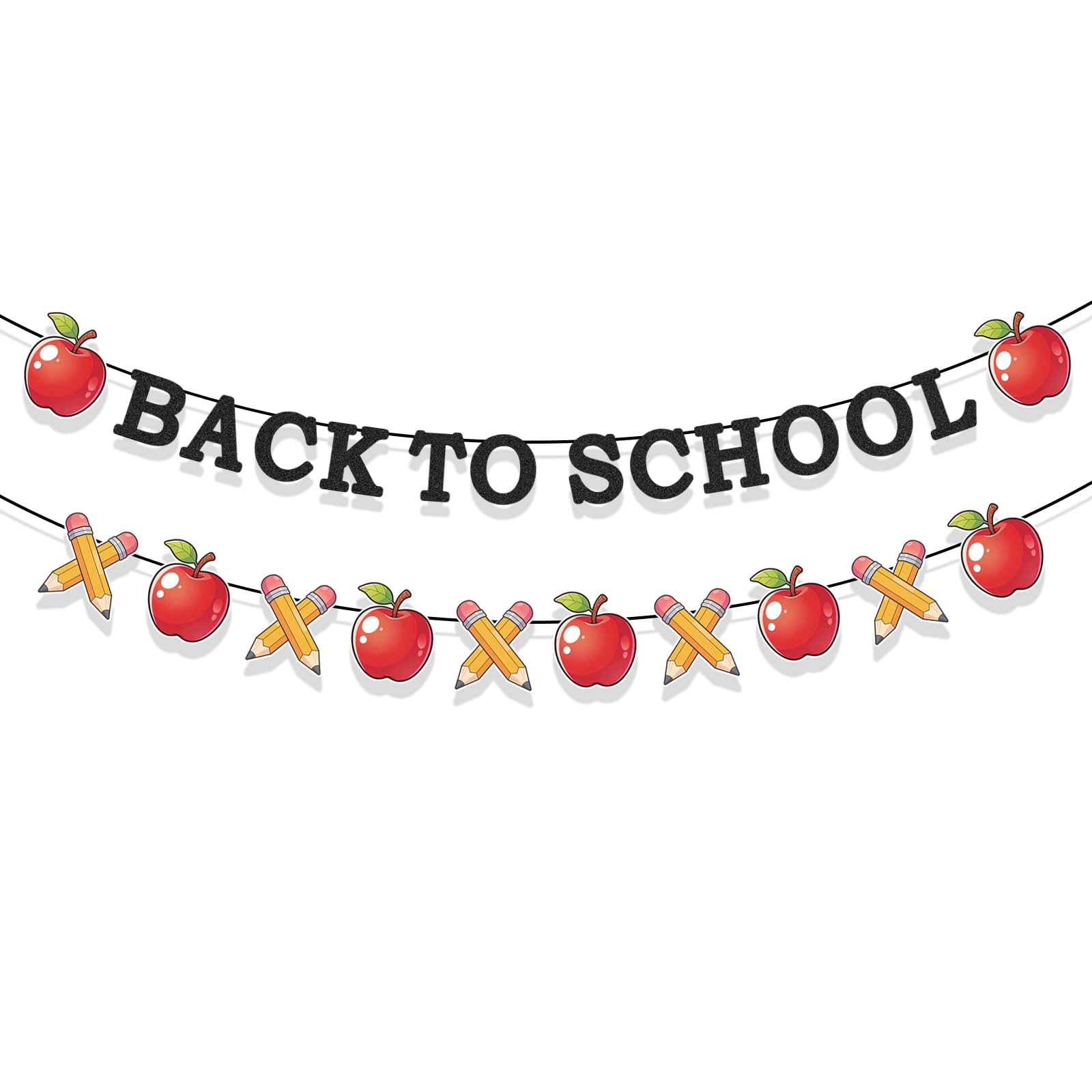 2Pcs Pre-Strung Welcome Back Banner Office Decorations, Black Glitter First Day of School Garland, Back to School Banner for Classroom Teacher Home Party Photo Backdrop
