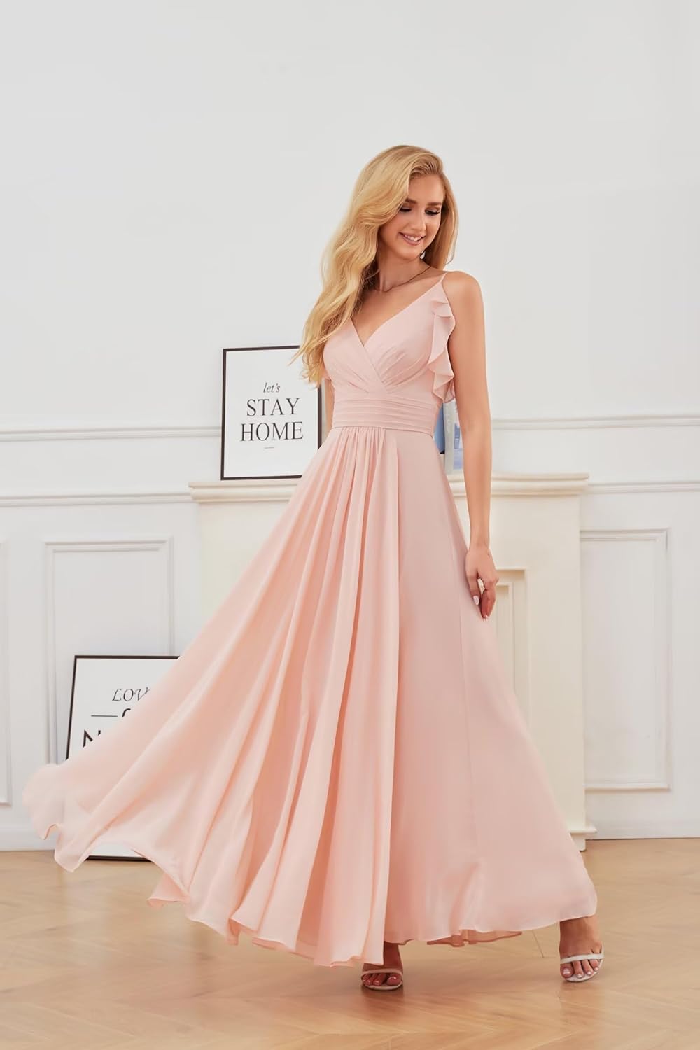 YUAOHUANG Women Chiffon Bridesmaid Dress Flowy Spaghetti Straps V Neck Corset Ruched Ruffle Sleeves Wedding Guest Dresses