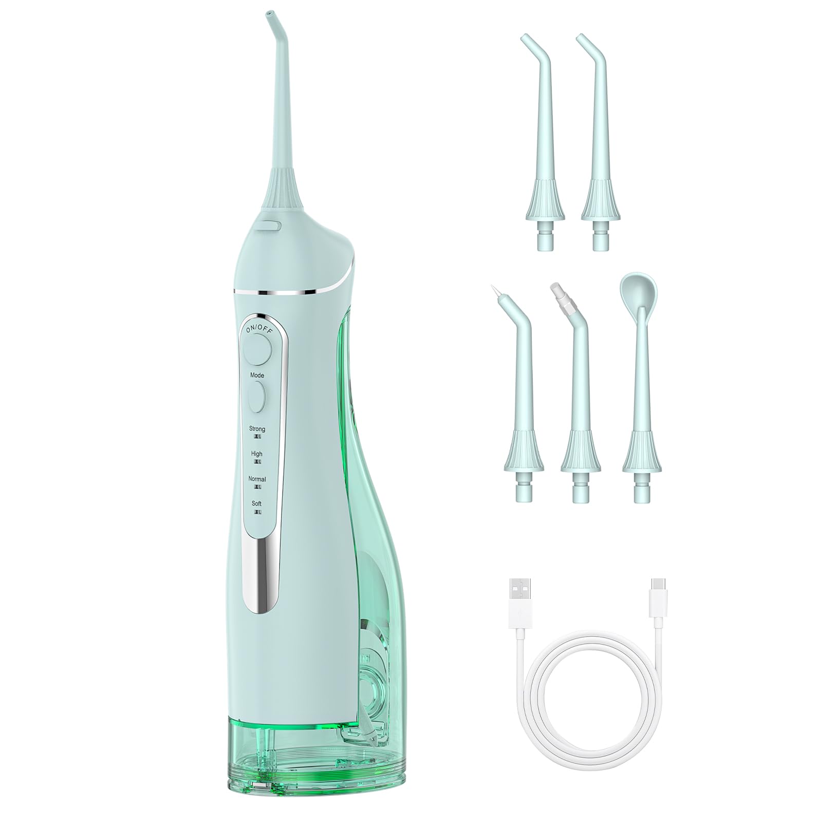 Kabellose Zahnseide, 300 ml, wiederaufladbar, tragbar, mit 4 Modi und 5 Strahlspitzen, IPX7 wasserdicht, Zahnstocher für Zahnspangenpflege, Zuhause und Reisen, Grün