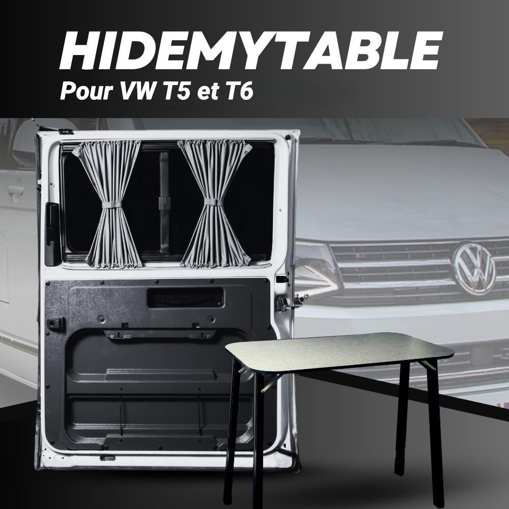 Panneau de porte coulissante avec table de camping intégrée pour VW T5, T6, T6.1, solution d'aménagement intérieur gain de place, table robuste et résistante aux intempéries, installation sans perçage
