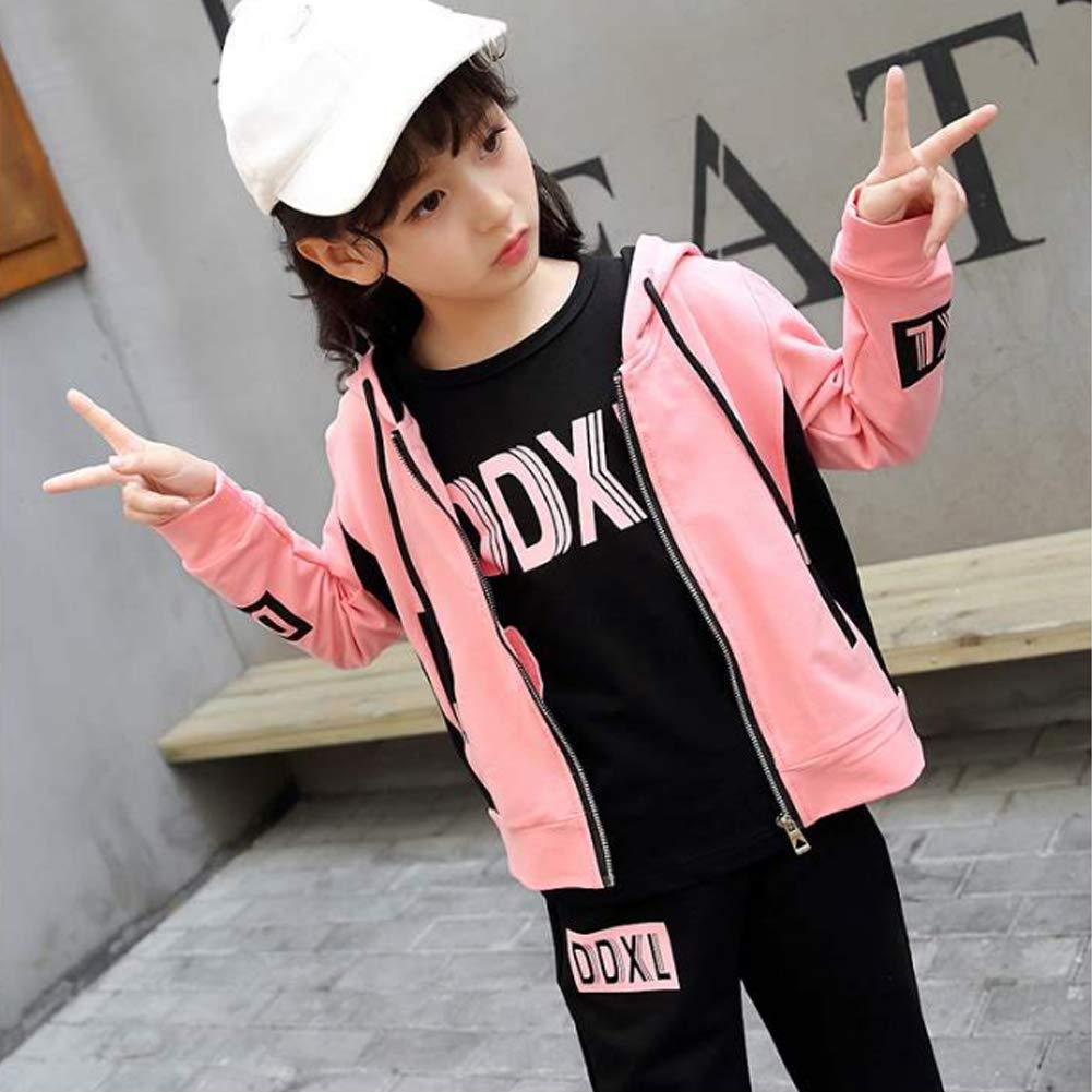 Niñas Chándal Estampado Traje Deportivo 3 Piezas Traje de Jogging Chaqueta con Capucha + Camiseta + Pantalones